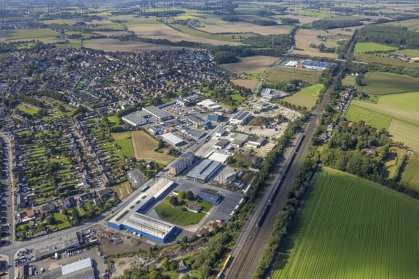 Aerial view, commercial area Römerstraße in the district Bockum-Hövel in Hamm, Ruhr area, North Rhine-Westphalia, Germany, DE, Europe, distant view, commercial enterprises, commercial area, commercial area, commercial site, commercial use, Hamm, industrial plants, industrial area, industrial site, colony, aerial photograph, aerial photography, aerial photography, Rhine-Ruhr metropolitan region, overview, bird's-eye view, bird's-eye view, overview