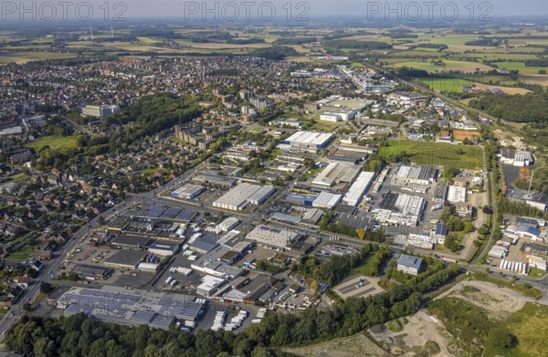 Aerial view, commercial area Römerstraße in the district Bockum-Hövel in Hamm, Ruhr area, North Rhine-Westphalia, Germany, DE, Europe, distant view, commercial enterprises, commercial area, commercial area, commercial site, commercial use, Hamm, industrial plants, industrial area, industrial site, colony, aerial photograph, aerial photography, aerial photography, Rhine-Ruhr metropolitan region, overview, bird's-eye view, bird's-eye view, overview