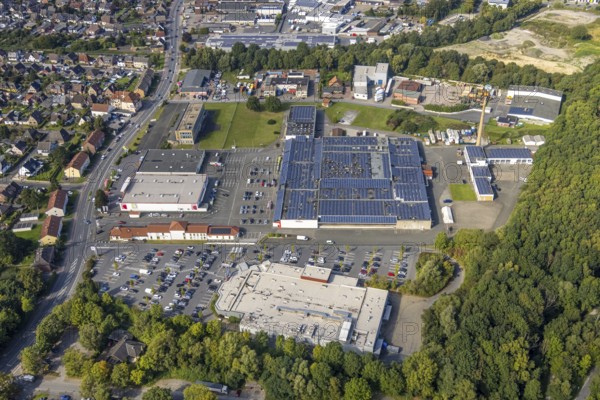 Aerial view, commercial area Römerstraße with commercial yard Hövel in the district Bockum-Hövel in Hamm, Ruhr area, North Rhine-Westphalia, Germany, DE, Europe, commercial enterprises, commercial area, commercial park, commercial location, commercial use, Hamm, industrial area, industrial location, aerial photograph, aerial photography, aerial photography, overview, bird's-eye view, bird's-eye view, overview