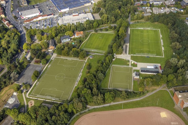 Aerial view, sports facility Adolf-Brühl-Stadion in the district Bockum-Hövel in Hamm, Ruhr area, North Rhine-Westphalia, Germany, DE, Europe, football pitch, football stadium, Hamm, aerial view, aerial photography, aerial photography, sports, sports facilities, sports field, sports facility, stadium, overview, bird's-eye view, overview