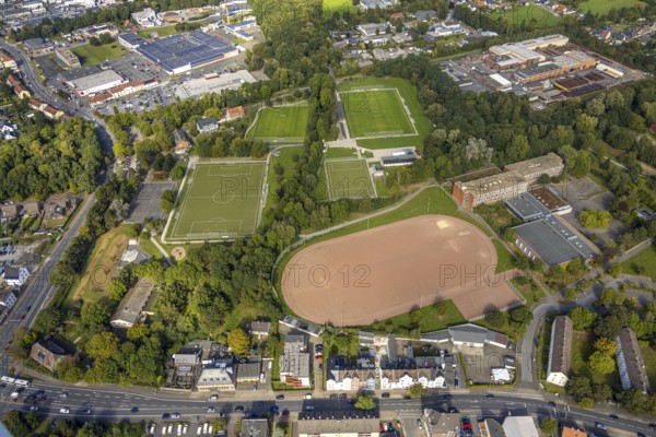 Aerial view, sports facility Adolf-Brühl-Stadion and Galilei-Gymnasium in the district Bockum-Hövel in Hamm, Ruhr area, North Rhine-Westphalia, Germany, education, educational institution, DE, Europe, football pitch, football stadium, grammar school, Hamm, educational institute, aerial view, aerial photography, aerial photography, school, sports, sports facilities, sports field, sports facility, stadium, overview, bird's-eye view, overview