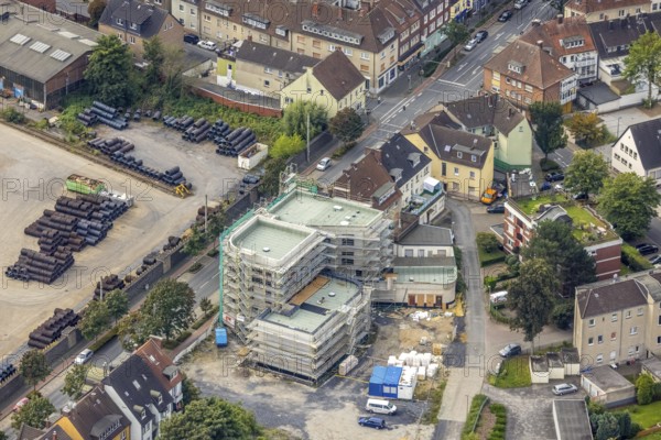 Aerial view, construction site with new building on Wilhelmstraße in the Mitte district of Hamm, Ruhr area, North Rhine-Westphalia, Germany, construction work, construction area, construction site, building plots, construction project, construction site, DE, Europe, Hamm, aerial view, aerial photography, aerial photography, new building, overview, bird's-eye view, overview