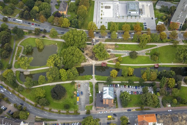 Aerial view, construction site new bridge in the Nordringpark in the district Mitte in Hamm, Ruhr area, North Rhine-Westphalia, Germany, construction work, construction area, construction site, building plots, construction project, construction site, DE, Europe, Hamm, aerial view, aerial photography, aerial photography, new building, overview, bird's eye view, birds-eyes view, overview