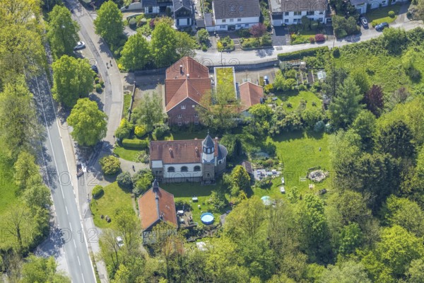 Aerial view, Hof Abtsküche, Chapel St. Jakobus Abtsküche, Hetterscheidt, Heiligenhaus, Ruhr area, North Rhine-Westphalia, Germany, place of worship, DE, monument protection, Europe, half-timbered, religious community, place of worship, holy place, Hof Hetterscheidt, church, parish, denomination, aerial view, aerial photography, aerial photography, religion, religious site, overview, bird's eye view, birds-eyes view, rural estate, overview