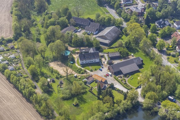 Aerial view, Hof Abtsküche, Chapel St. Jakobus Abtsküche, Hetterscheidt, Heiligenhaus, Ruhr area, North Rhine-Westphalia, Germany, place of worship, DE, monument protection, Europe, half-timbered, religious community, place of worship, holy place, Hof Hetterscheidt, church, parish, denomination, aerial view, aerial photography, aerial photography, religion, religious site, overview, bird's eye view, birds-eyes view, rural estate, overview