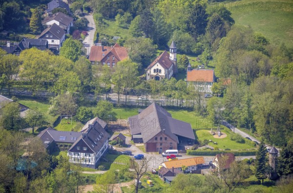 Aerial view, Hof Abtsküche, Chapel St. Jakobus Abtsküche, Hetterscheidt, Heiligenhaus, Ruhr area, North Rhine-Westphalia, Germany, place of worship, DE, monument protection, Europe, half-timbered, religious community, place of worship, holy place, Hof Hetterscheidt, church, parish, denomination, aerial view, aerial photography, aerial photography, religion, religious site, overview, bird's eye view, birds-eyes view, rural estate, overview