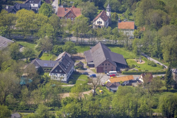 Aerial view, Hof Abtsküche, Chapel St. Jakobus Abtsküche, Hetterscheidt, Heiligenhaus, Ruhr area, North Rhine-Westphalia, Germany, place of worship, DE, monument protection, Europe, half-timbered, religious community, place of worship, holy place, Hof Hetterscheidt, church, parish, denomination, aerial view, aerial photography, aerial photography, religion, religious site, overview, bird's eye view, birds-eyes view, rural estate, overview