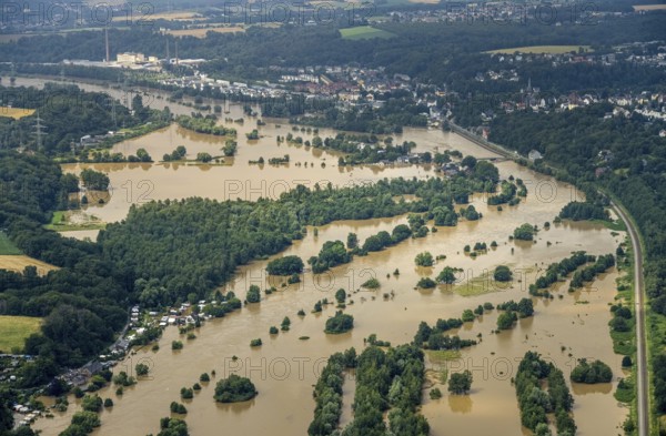 Aerial photograph, Ruhr flood, flooding, flooded campsite at Kempel in Niederwenigern, Hattingen, Ruhr area, North Rhine-Westphalia, Germany, DE, Europe, birds-eyes view, aerial photograph, aerial photography, aerial photography, overview, bird's eye view, flood, flood of the century