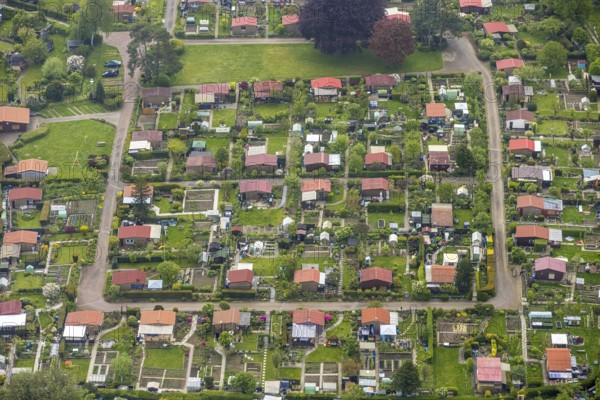 Aerial view, allotment garden association Birther Höfe, Asternweg, Hetterscheidt, Heiligenhaus, Ruhr area, North Rhine-Westphalia, Germany, DE, Europe, community garden, allotment garden, allotment garden site, allotment garden association, aerial view, aerial photography, aerial photography, allotment garden, overview, bird's-eye view, overview