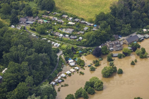 Aerial photograph, Ruhr flood, flooding, flooded campsite at Kempel in Niederwenigern, Hattingen, Ruhr area, North Rhine-Westphalia, Germany, DE, Europe, birds-eyes view, aerial photograph, aerial photography, aerial photography, overview, bird's eye view, flood, flood of the century