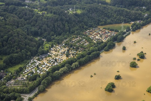 Aerial photo, Ruhr flood, flooding, flooded campsite leisure centre Ruhr Valley, Winz, Hattingen, Ruhr area, North Rhine-Westphalia, Germany, DE, Europe, birds-eyes view, aerial photograph, aerial photography, aerial photography, overview, overview, bird's eye view, flood, century flood