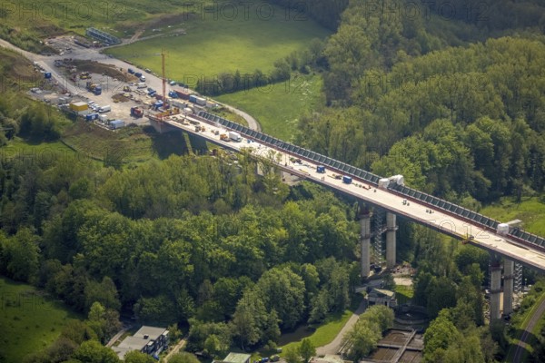 Aerial view, Angerbachtal bridge, new motorway section of the A44, gap closure between Ratingen-Ost and Velbert, Heiligenhaus, Ruhr area, North Rhine-Westphalia, Germany, motorway A44, construction work, construction area, construction site, building site, construction project, construction site, bridge, DE, Europe, aerial view, aerial photography, aerial photography, renovation, refurbishment, overview, bird's-eye view, overview