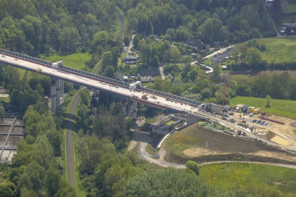 Aerial view, Angerbachtal bridge, new motorway section of the A44, gap closure between Ratingen-Ost and Velbert, Heiligenhaus, Ruhr area, North Rhine-Westphalia, Germany, motorway A44, construction work, construction area, construction site, building site, construction project, construction site, bridge, DE, Europe, aerial view, aerial photography, aerial photography, renovation, refurbishment, overview, bird's-eye view, overview