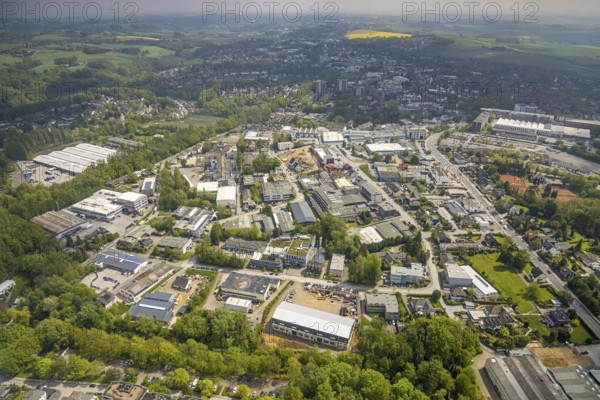 Aerial view, commercial area Weilenburgstraße, Hasselbeck, Heiligenhaus, Ruhr area, North Rhine-Westphalia, Germany, DE, Europe, commercial enterprises, commercial area, commercial area, commercial location, commercial use, industrial area, industrial location, aerial photograph, aerial photography, aerial photography, overview, bird's-eye view, bird's-eye view, overview