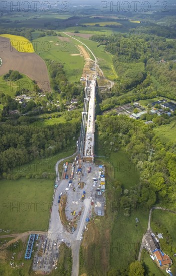 Aerial view, Angerbachtal bridge, new motorway section of the A44, gap closure between Ratingen-Ost and Velbert, Heiligenhaus, Ruhr area, North Rhine-Westphalia, Germany, motorway A44, construction work, construction area, construction site, building site, construction project, construction site, bridge, DE, Europe, aerial view, aerial photography, aerial photography, renovation, refurbishment, overview, bird's-eye view, overview