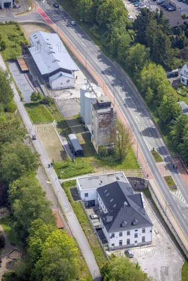 Aerial view, panorama cycle path at the old granary, Leubeck, Heiligenhaus, Ruhr area, North Rhine-Westphalia, Germany, DE, railway carriage, Europe, aerial view, aerial photography, aerial photography, cycle path, overview, bird's-eye view, overview