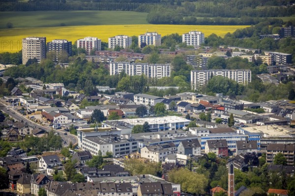 Aerial view, residential area with high-rise buildings, Leubeck, Heiligenhaus, Ruhr area, North Rhine-Westphalia, Germany, DE, Europe, property tax, real estate, aerial view, aerial photography, aerial photography, overview, bird's-eye view, residential complex, living and living, residential area, residential buildings, residential quality, residential neighbourhood, housing estate, birds-eyes view, overview
