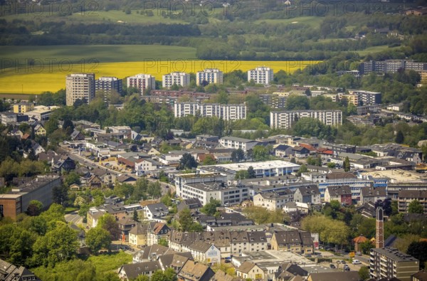Aerial view, residential area with high-rise buildings, Leubeck, Heiligenhaus, Ruhr area, North Rhine-Westphalia, Germany, DE, Europe, property tax, real estate, aerial view, aerial photography, aerial photography, overview, bird's-eye view, residential complex, living and living, residential area, residential buildings, residential quality, residential neighbourhood, housing estate, birds-eyes view, overview