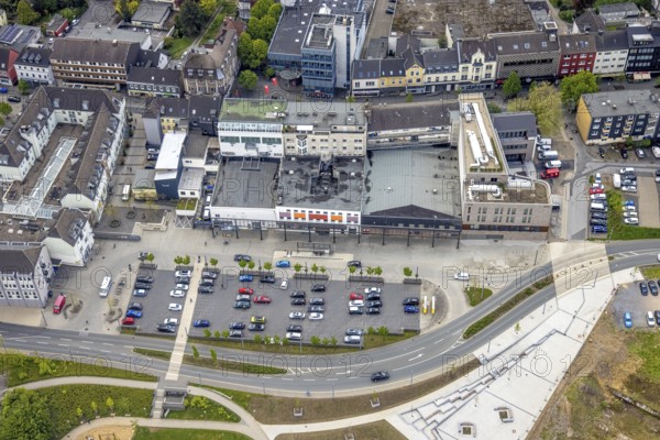 Aerial view, City with Rathaus Center and Basildonplatz, Leubeck, Heiligenhaus, Ruhr area, North Rhine-Westphalia, Germany, DE, shopping centre, shopping mall, Europe, aerial view, aerial photography, aerial photography, car parks, overview, bird's eye view, birds-eyes view, overview