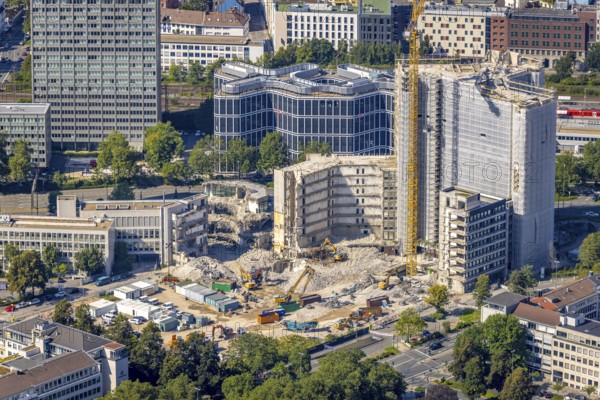 Aerial view, demolition Ypsilon-Haus of RWE headquarters Essen in the Huyssenallee, planned new building for office campus in the southern district in Essen, Ruhr area, North Rhine-Westphalia, Germany, demolition work, construction work, construction area, construction site, building plots, construction project, construction site, office complex, DE, energy company, Essen, Europe, aerial view, aerial photography, aerial photography, overview, bird's eye view, Ypsilon-Haus, birds-eyes view, overview