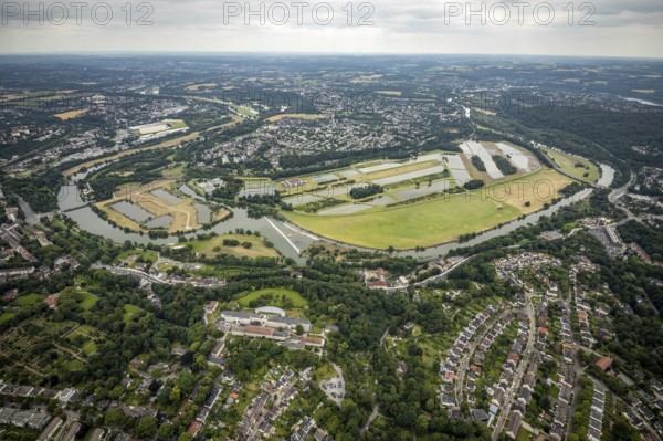 Aerial view, the Ruhr loop near Überruhr, a week ago there was still land under water at this point - the Ruhr was flooding, course of the Ruhr, Essen-Steele, Essen, Ruhr area, North Rhine-Westphalia, Germany, DE, Europe, birds-eyes view, aerial view, aerial photography, aerial photography, overview, bird's eye view