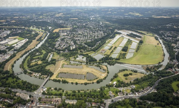 Aerial view, the Ruhr loop near Überruhr, a week ago there was still land under water at this point - the Ruhr was flooding, course of the Ruhr, Essen-Steele, Essen, Ruhr area, North Rhine-Westphalia, Germany, DE, Europe, birds-eyes view, aerial view, aerial photography, aerial photography, overview, bird's eye view, in front of and after