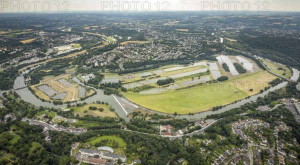 Aerial view, the Ruhr loop near Überruhr, a week ago there was still land under water at this point - the Ruhr was flooding, course of the Ruhr, Essen-Steele, Essen, Ruhr area, North Rhine-Westphalia, Germany, DE, Europe, birds-eyes view, aerial view, aerial photography, aerial photography, overview, bird's eye view