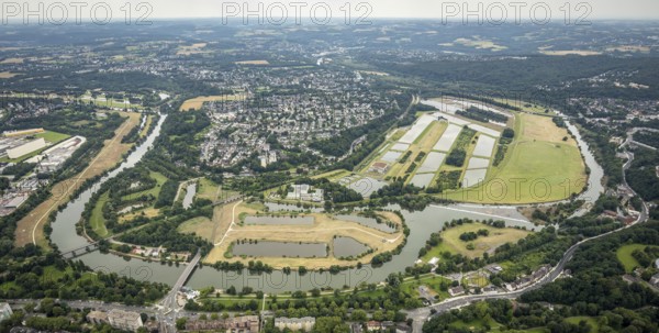 Aerial view, the Ruhr loop near Überruhr, a week ago there was still land under water at this point - the Ruhr was flooding, course of the Ruhr, Essen-Steele, Essen, Ruhr area, North Rhine-Westphalia, Germany, DE, Europe, birds-eyes view, aerial view, aerial photography, aerial photography, overview, bird's eye view