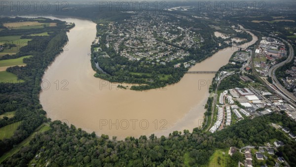 Aerial photo, Ruhr flood, flooding, Ruhrbogen Heisingen, Kupferdreh, Essen, Ruhr area, North Rhine-Westphalia, Germany, DE, Europe, birds-eyes view, aerial photo, aerial photography, aerial photography, overview, bird's eye view, flood, flood of the century