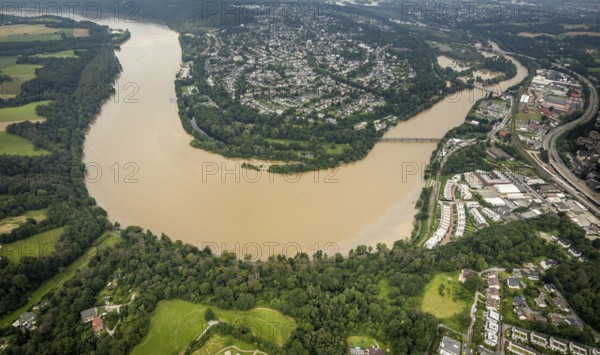Aerial photo, Ruhr flood, flooding, Ruhrbogen Heisingen, Kupferdreh, Essen, Ruhr area, North Rhine-Westphalia, Germany, DE, Europe, birds-eyes view, aerial photo, aerial photography, aerial photography, overview, bird's eye view, flood, flood of the century