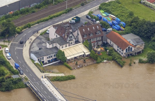 Aerial photo, Ruhr flood, flooding, Cavos, Kupferdreh, Essen, Ruhr area, North Rhine-Westphalia, Germany, DE, Europe, birds-eyes view, aerial photo, aerial photography, aerial photography, overview, bird's eye view, flood, flood of the century