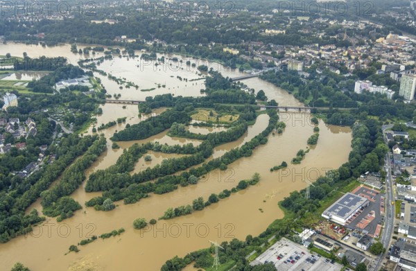 Aerial photo, Ruhr flood, flooding, Ruhrschleife Überruhr, Essen-Steele, Essen, Ruhr area, North Rhine-Westphalia, Germany, DE, Europe, birds-eyes view, aerial photography, aerial photography, aerial photography, overview, overview, bird's eye view, flood, flood of the century