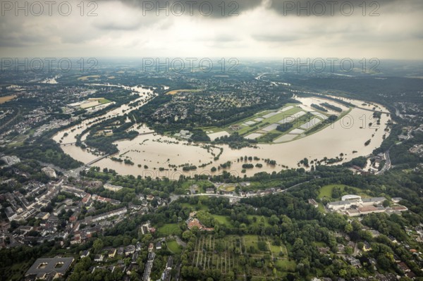 Aerial photo, Ruhr flood, flooding, Ruhrschleife Überruhr, Essen-Steele, Essen, Ruhr area, North Rhine-Westphalia, Germany, DE, Europe, birds-eyes view, aerial photography, aerial photography, aerial photography, overview, overview, bird's eye view, flood, flood of the century
