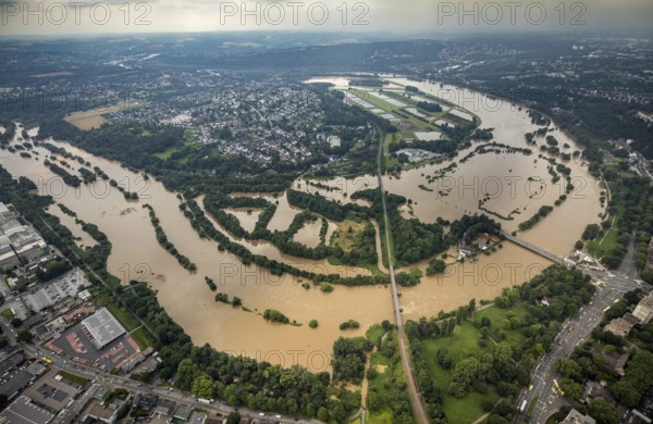 Aerial photo, Ruhr flood, flooding, Ruhrschleife Überruhr, Essen-Steele, Essen, Ruhr area, North Rhine-Westphalia, Germany, DE, Europe, birds-eyes view, aerial photography, aerial photography, aerial photography, overview, overview, bird's eye view, flood, flood of the century