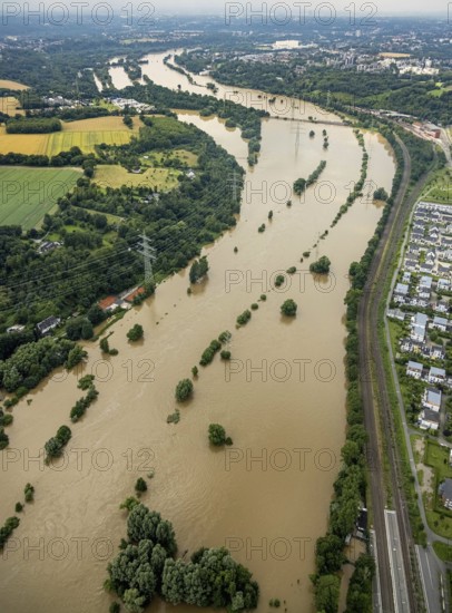 Aerial photo, Ruhr flood, flooding, Dahlhausen, Essen, Ruhr area, North Rhine-Westphalia, Germany, Bochum, DE, Europe, birds-eyes view, aerial photo, aerial photography, aerial photography, overview, bird's eye view, flood, flood of the century