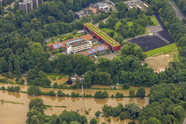 Aerial photograph, Ruhr flood, flooding at the Essen-Überruhr grammar school, Rellinghausen, Essen, Ruhr area, North Rhine-Westphalia, Germany, DE, Europe, birds-eyes view, aerial photograph, aerial photography, aerial photography, overview, overview, bird's eye view, flood, flood of the century, flooding