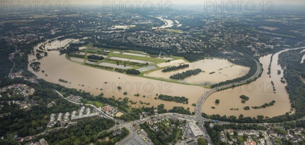 Aerial photo, Ruhr flood, flooding, Ruhrschleife Überruhr, Essen-Steele, Essen, Ruhr area, North Rhine-Westphalia, Germany, DE, Europe, birds-eyes view, aerial photography, aerial photography, aerial photography, overview, overview, bird's eye view, flood, flood of the century