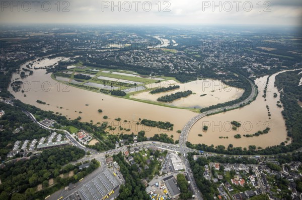 Aerial photograph, Ruhr flood, flooding, Ruhrschleife Überruhr, Essen-Steele, Essen, Ruhr area, North Rhine-Westphalia, Germany, DE, Europe, birds-eyes view, aerial photograph, aerial photography, aerial photography, overview, overview, bird's eye view, flood, flood of the century, in front of and after