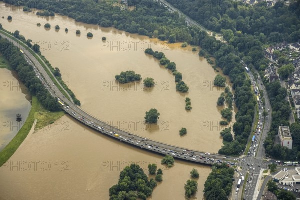 Aerial photo, Ruhr flood, flooding, Konrad-Adenauer-Brücke, Bergerhausen, Essen, Ruhr area, North Rhine-Westphalia, Germany, DE, Europe, birds-eyes view, aerial photo, aerial photography, aerial photography, overview, overview, bird's eye view, flood, flood of the century