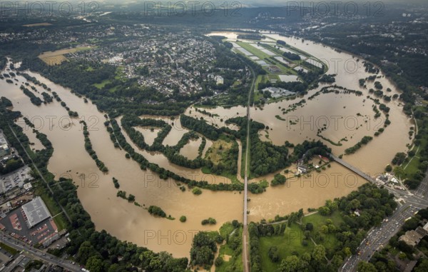Aerial photograph, Ruhr flood, flooding, Ruhrschleife Überruhr, Essen-Steele, Essen, Ruhr area, North Rhine-Westphalia, Germany, DE, Europe, birds-eyes view, aerial photograph, aerial photography, aerial photography, overview, overview, bird's eye view, flood, flood of the century, in front of and after