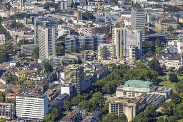 Aerial view, demolition Ypsilon-Haus of RWE headquarters Essen in the Huyssenallee, planned new building for office campus in the southern district in Essen, Ruhr area, North Rhine-Westphalia, Germany, demolition work, construction work, construction area, construction site, building plots, construction project, construction site, office complex, DE, energy company, Essen, Europe, aerial view, aerial photography, aerial photography, overview, bird's eye view, Ypsilon-Haus, birds-eyes view, overview