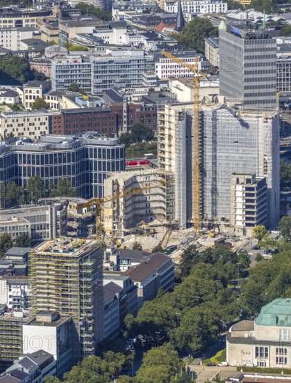 Aerial view, demolition Ypsilon-Haus of RWE headquarters Essen in the Huyssenallee, planned new building for office campus in the southern district in Essen, Ruhr area, North Rhine-Westphalia, Germany, demolition work, construction work, construction area, construction site, building plots, construction project, construction site, office complex, DE, energy company, Essen, Europe, aerial view, aerial photography, aerial photography, overview, bird's eye view, Ypsilon-Haus, birds-eyes view, overview