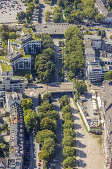 Aerial view, Grugaplatz and Grugaweg with bridge Rüttenscheider Straße, fabric market at the trade fair car park in Essen-Rüttenscheid, Essen, Ruhr area, North Rhine-Westphalia, Germany, DE, Europe, aerial view, aerial photography, aerial photography, overview, bird's-eye view, overview
