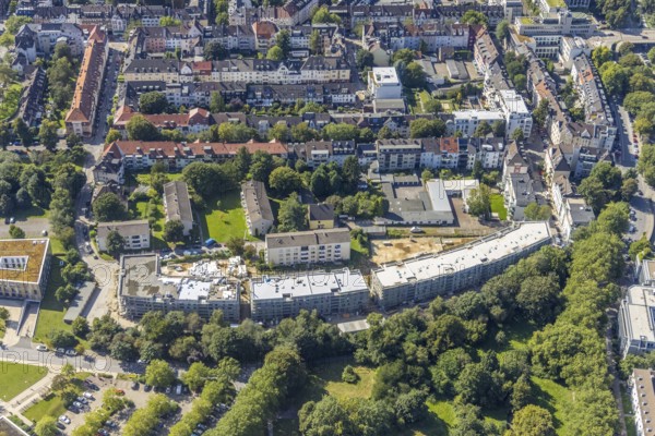 Aerial view, construction site and new building RüBogen in Gummertstraße in Essen-Rüttenscheid, Essen, Ruhr area, North Rhine-Westphalia, Germany, construction work, construction area, building site, building plots, construction project, construction site, DE, Europe, property tax, real estate, aerial photography, aerial photography, new construction, new construction project Rübogen, overview, bird's-eye view, residential complex, living and living, residential area, residential buildings, residential quality, residential neighbourhood, housing estate, birds-eyes view, overview