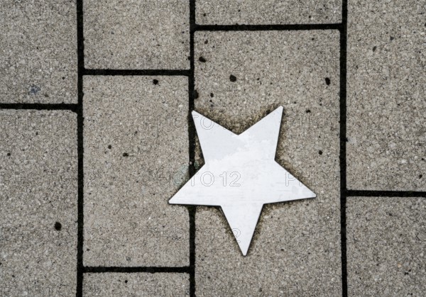 Stars on sidewalk as memorial for Nazi victims, Tilbeck Abbey, Tilbeck foundation, Havixbeck, Muensterland, North Rhine-Westphalia, Germany