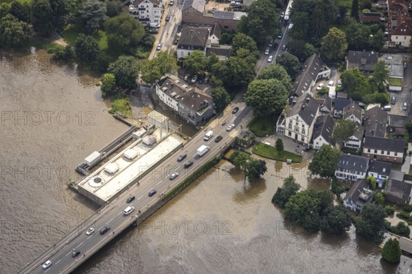 Aerial photograph, Ruhr flood, flooding, Kettwig dam, Kettwig, Essen, Ruhr area, North Rhine-Westphalia, Germany, DE, Europe, birds-eyes view, aerial photograph, aerial photography, aerial photography, overview, bird's eye view, floods, floods of the century