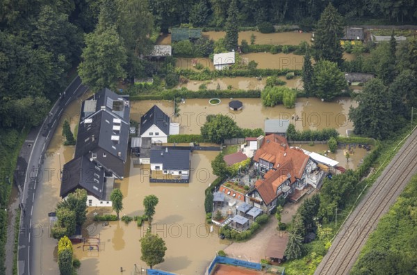 Aerial photo, Ruhr flood, flooding, Landhaus Rutherbach, Essen-Heidhausen, Essen, Ruhr area, North Rhine-Westphalia, Germany, DE, Europe, birds-eyes view, aerial photo, aerial photography, aerial photography, overview, overview, bird's eye view, floods, floods of the century