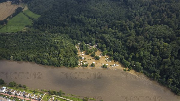 Aerial photo, Ruhr flood, flooding, Cammerzell campsite, Kettwig, Essen, Ruhr area, North Rhine-Westphalia, Germany, DE, Europe, birds-eyes view, aerial photo, aerial photography, aerial photography, overview, bird's eye view, floods, floods of the century