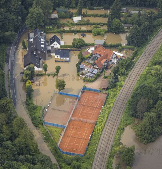 Aerial photo, Ruhr flood, flooding, Landhaus Rutherbach, Essen-Heidhausen, Essen, Ruhr area, North Rhine-Westphalia, Germany, DE, Europe, birds-eyes view, aerial photo, aerial photography, aerial photography, overview, overview, bird's eye view, floods, floods of the century