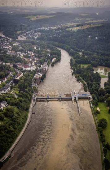 Aerial photo, Ruhr flood, flooding, Lake Baldeney weir Essen-Werden, Essen-Bredeney, Essen, Ruhr area, North Rhine-Westphalia, Germany, DE, Europe, birds-eyes view, aerial photo, aerial photography, aerial photography, overview, overview, bird's eye view, flood, century flood